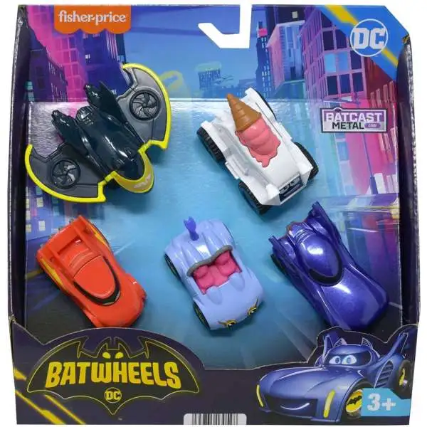 Fisher Price DC Batwheels Batcast Metal Bam the Batmobile, Flame, Kitty, Snowflake & Batplane Diecast Car 5-Pack