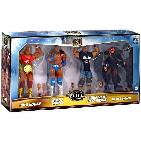 WWE 60th Anniversary Elite Collection Hulk Hogan, Rocky Maivia, "Stone Cold" Steve Austin & Becky Lynch Exclusive Action Figure 4-Pack [Then Now Forever Together ]