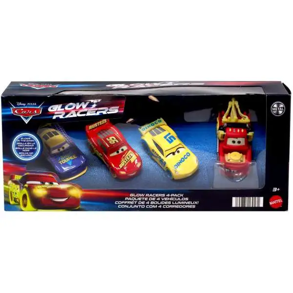 Disney / Pixar Cars Glow Racers Mater, Dinoco Cruz Ramirez, Lightning McQueen & Will Rusch Exclusive Diecast Car 4-Pack