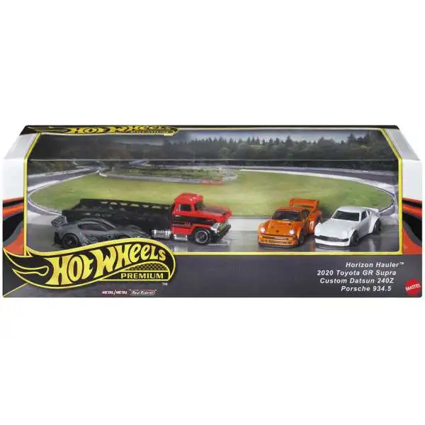 Hot Wheels Premium Real Riders Horizon Hauler, 2020 Toyota GR Supra, Custom Datsun 240Z & Porsche 934.5 Die Cast Car 4-Pack