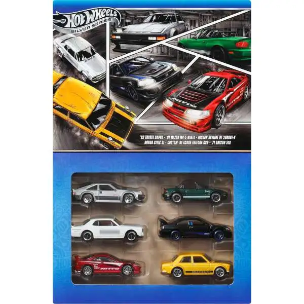 Hot Wheels Silver Series '82 Toyota Supra, '91 Mazda MX-5 Miata, Nissan Skylite HT 2000GT-X, Honda Civic SI, Custom '01 Acura Intergra GSR & '71 Datsun 510 Diecast Car 6-Pack