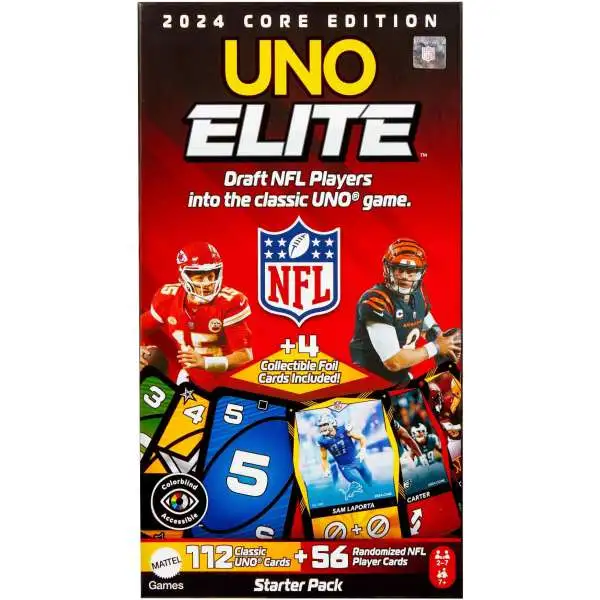 UNO Elite NFL 2024 Core Edition Football Starter Pack [120 UNO Cards, 56 RANDOM Football Players & 4 Foil Cards]
