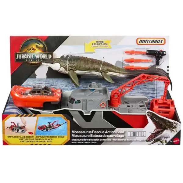 Jurassic World Rebirth Matchbox Mosasaurus Rescue Action Boat Playset