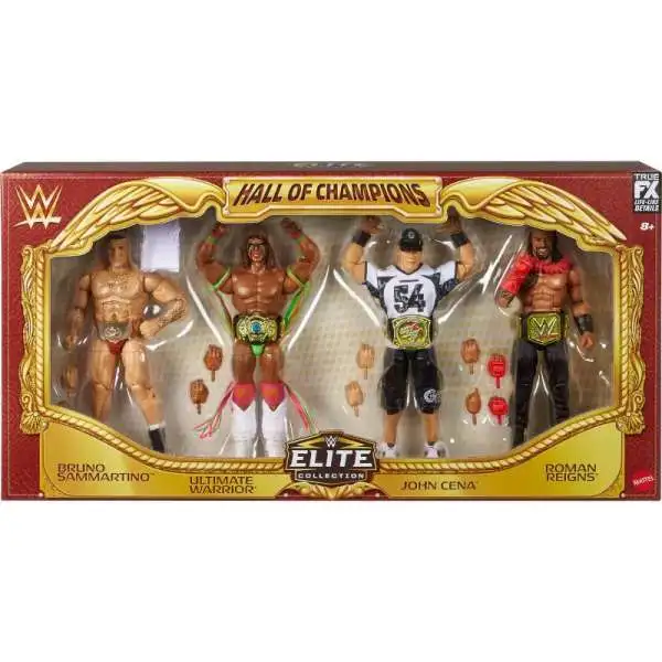 WWE Wrestling Elite Collection Hall of Champions Bruno Sammartino, Ultimate Warrior, John Cena & Roman Reigns Action Figure 4-Pack