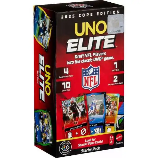 UNO Elite NFL 2025 Core Edition Football Starter Pack [112 UNO Cards, 40 Elite Action Cards + 2 Promo Elite Action Cards]