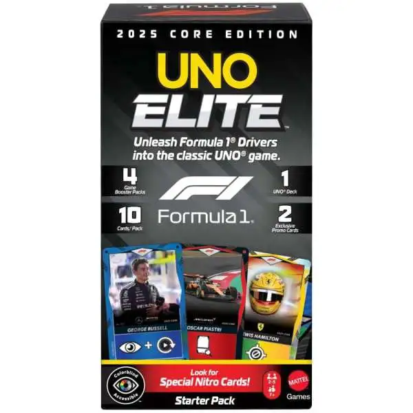 UNO Elite Formula 1 2025 Core Edition F1 Racing Trading Card STARTER Pack [1 UNO Deck, 4 Booster Packs & 2 Promo Cards]