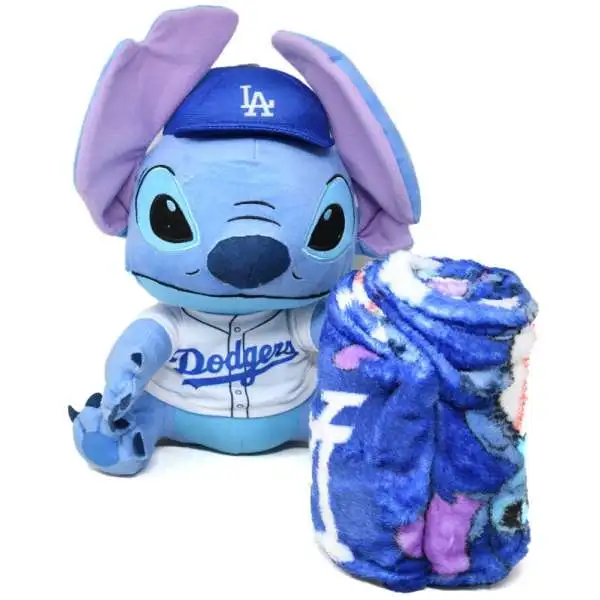 Disney LA Dodgers Stitch 14-Inch Plush & Fleece Throw Blanket Set