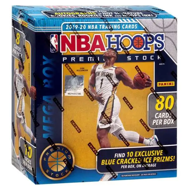 NBA Panini 2019-20 Hoops Premium Stock Basketball Trading Card MEGA Box [10 Packs, 10 BLUE Cracked Ice Prizms]