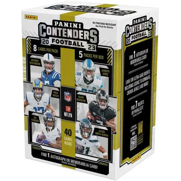 NFL Panini 2023 Contenders Football Trading Card BLASTER Box [5 Packs, 1 Autograph OR Memorabilia Card]