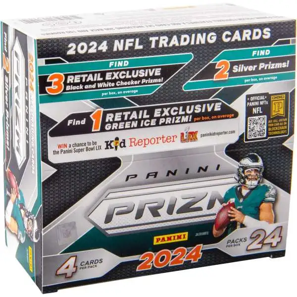 NFL Panini 2024 Prizm Football Trading Card RETAIL Box [24 Packs, 3 Black & White Checker Prizms, 2 Silver Prizms & 1 Green Ice Prizm!]