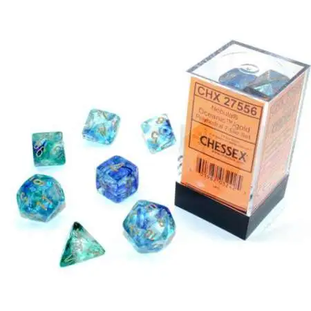 Chessex Nebula Oceanic & Gold Luminary Polyhedral 7-Die Dice Set #27556 [Glow-in-the-Dark]