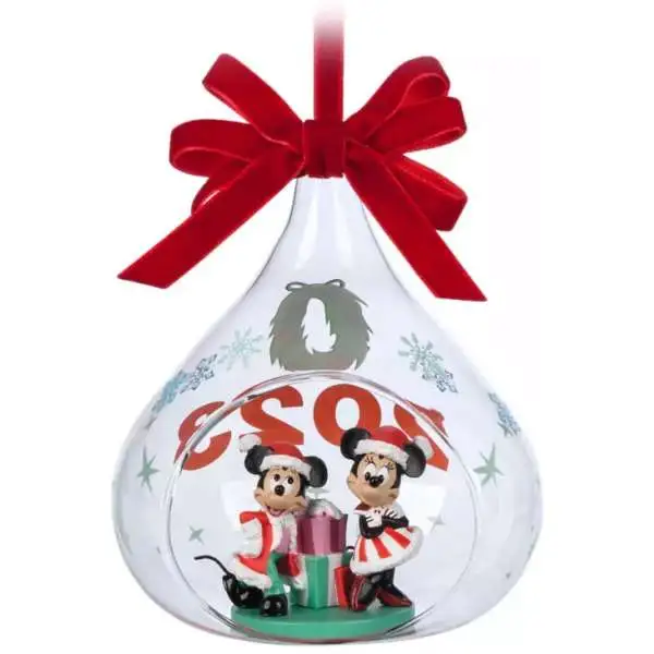 Disney 2023 Holiday Santa Mickey & Minnie Mouse Exclusive Glass Drop Sketchbook Ornament