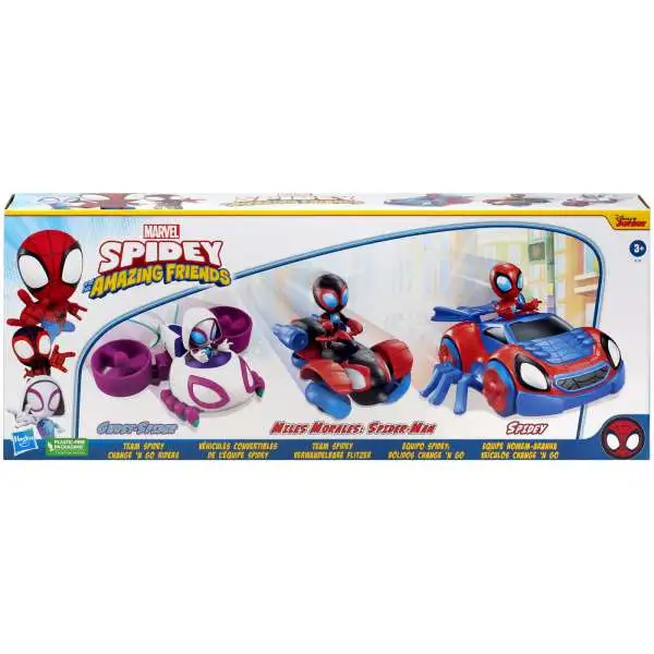 Marvel Spidey & His Amazing Friends Team Spidey Change 'N Go Riders Spidey, Miles Morales & Ghost-Spider Exclusive Vehicle 3-Pack