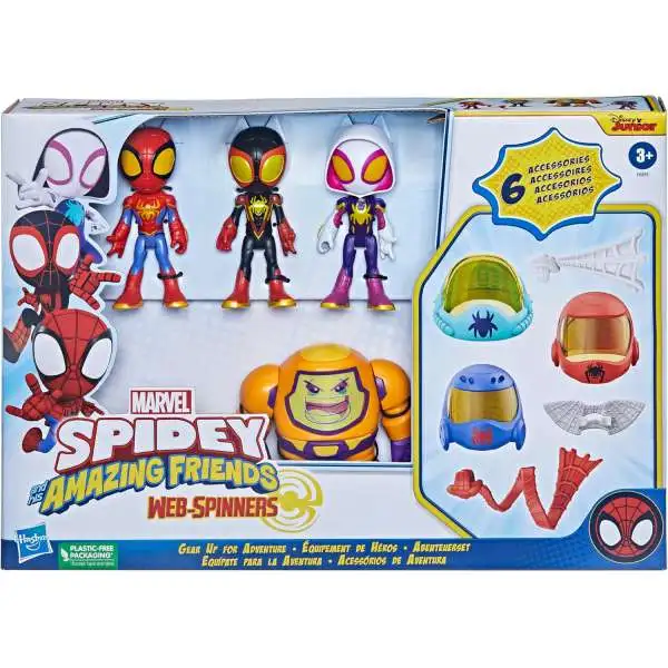 Marvel Spidey & His Amazing Friends Web-Spinners Gear Up For Adventure Exclusive 4-Inch Figure 4-Pack Set [Spidey, Miles "Spin" Morales, Ghost-Spider & Zola with 6 Accessories]