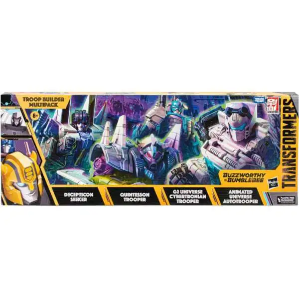 Transformers Buzzworthy Bumblebee Legacy Decepticon Seeker, Quintesson, G2 Universe Cybertronian, Animated Universe Auto Trooper Exclusive Action Figure 4-Pack [Troop Builder Multipack]