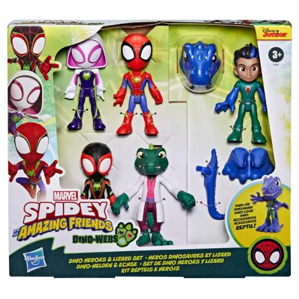 Marvel Spidey & His Amazing Friends Dino-Webs Dino Heroes & Lizard 4-Inch Acton Figure Set [Miles "Spin" Morales, Ghost-Spider, Lizard, Reptil & Spidey]