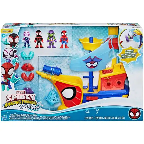 Marvel Spidey & His Amazing Friends Water-Webs Web Ahoy Bubble Pirate Ship Exclusive Playset [Ghost Spider, Miles, Spidey & Green Goblin]
