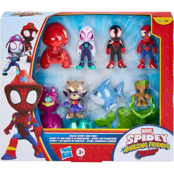 Marvel Spidey & His Amazing Friends Rescue Webs Rescue Spidey & Crew 3-Inch Mini Figure 6-Pack [Spin, Ghost-Spider, Spidey, Rocket, Groot & Jeff the Land Shark]