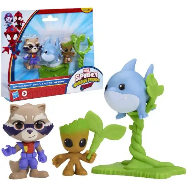 Marvel Spidey & His Amazing Friends Rescue Webs Rocket, Groot & Jetff the Land Shark 3-Inch Mini Figure 3-Pack