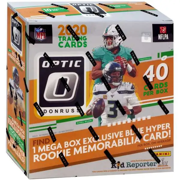 NFL Panini 2020 Donruss Optic Football Trading Card MEGA Box [40 Cards, 1 Blue Hyper Rookie Memorabilia Card]