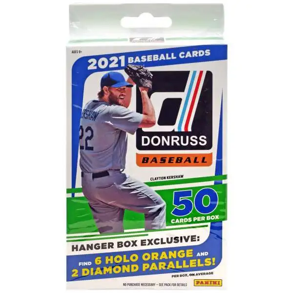 MLB Panini 2021 Donruss Baseball Trading Card HANGER Box [50 Cards, 6 Holo Orange & 2 Diamond Parallels]