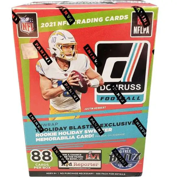 NFL Panini 2021 Donruss Holiday Football Trading Card BLASTER Box [11 Packs, 1 Rookie Holiday Sweater Memorabilia Card]