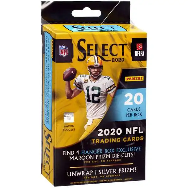 NFL Panini 2020 Select Football Trading Card HANGER Box [20 Cards, 4 Maroon Prizm Die Cut Cards + 1 Silver Prizm]