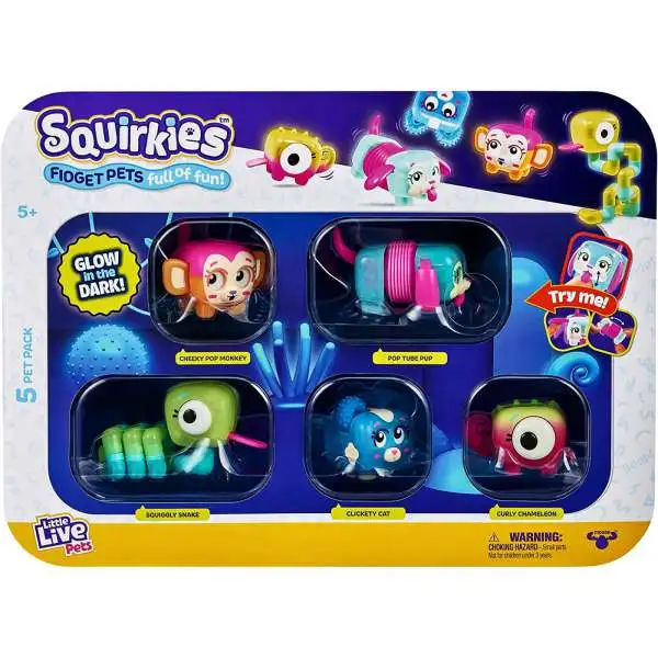 Little Live Pets Squirkies Cheeky Pop Monkey, Pop Tube Pup, Squiggly Snake, Clickety Cat & Curly Chameleon Figure 5-Pack
