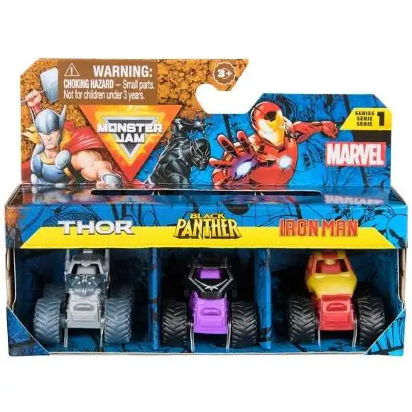 Monster Jam Marvel Thor, Black Panther & Iron Man Mini Vehicle 3-Pack