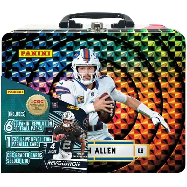 NFL 2025 Panini Revolution Football Josh Allen Trading Card COLLECTOR LUNCH Tin [6 Packs + 1 Parallel Card]