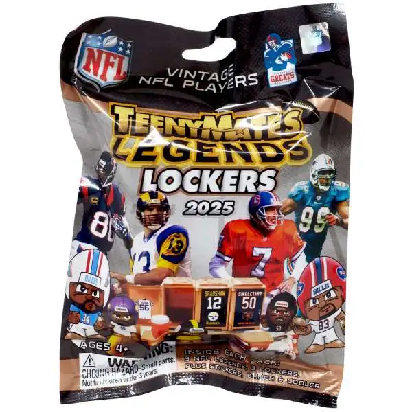 NFL TeenyMates 2025 Football Legends Vintage Series 3 LOCKERS Pack [3 RANDOM Figures, 3 Lockers, Stickers, Bench & Cooler]