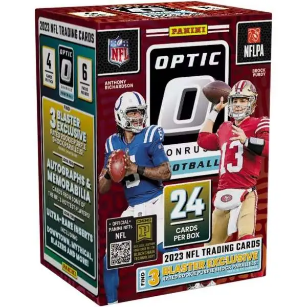 NFL Panini 2023 Donruss Optic Football Trading Card BLASTER Box [6 Packs, 3 Rated Rookie Purple Shock Parallels]