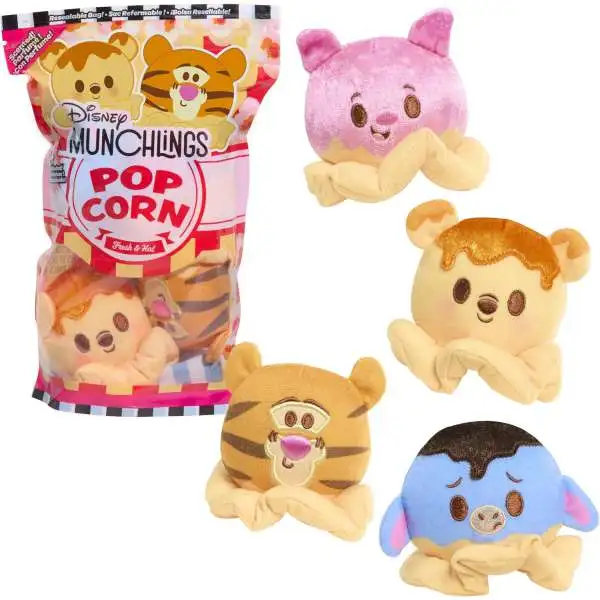 Disney Munchlings Popcorn Tigger, Pooh, Piglet & Eeyore 3-Inch Plush 4-Pack [Snack Pack]