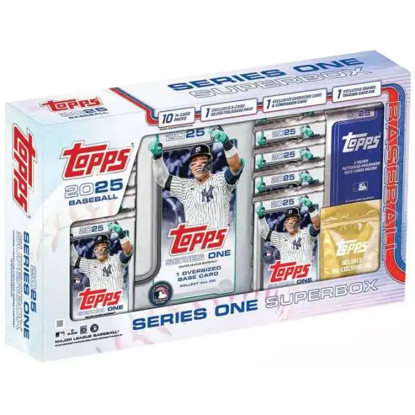 MLB Topps 2025 Series 1 Baseball Trading Card SUPER BOX [10 Packs, 1 Collectors Pin, 1 Oversized Card, 1 Companion Card, and 5 Exclusive Silver Foilboard Cards]
