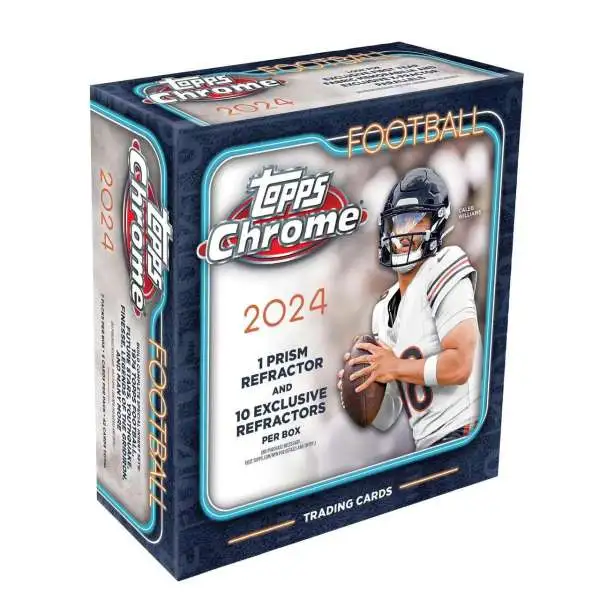 NFL Topps 2024 Chrome Football Trading Card MEGA Box [7 Packs, 1 Prism Refractor & 10 Exclusive Refractors]