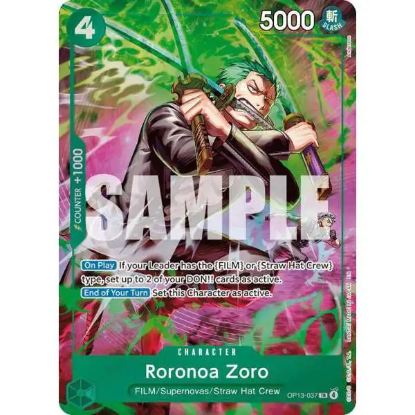 One Piece Trading Card Game Adventure on Kami's Island Treasure Rare Roronoa Zoro OP13-037