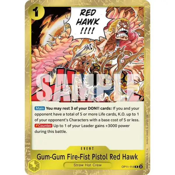 One Piece Trading Card Game A Fist of Divine Speed Rare Gum-Gum Fire-Fist Pistol Red Hawk OP11-114