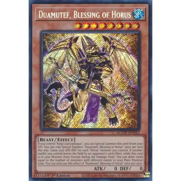 YuGiOh Trading Card Game Age of Overlord Secret Rare Duamutef, Blessing of Horus AGOV-EN012