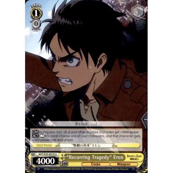Weiss Schwarz Trading Card Game Attack on Titan Uncommon "Recurring Tragedy" Eren E010