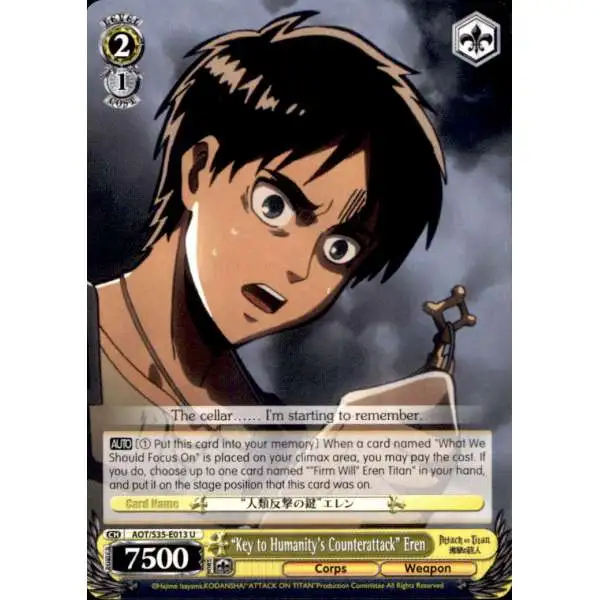 Weiss Schwarz Trading Card Game Attack on Titan Uncommon "Key to Humanity's Counterattack" Eren E013