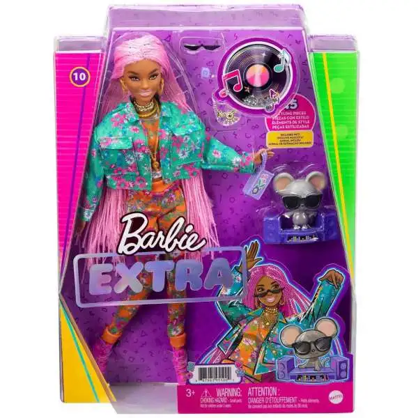 Barbie Extra Fashion Doll with Long Pink Braids in Teal Floral Jacket with  Accessories & Pet