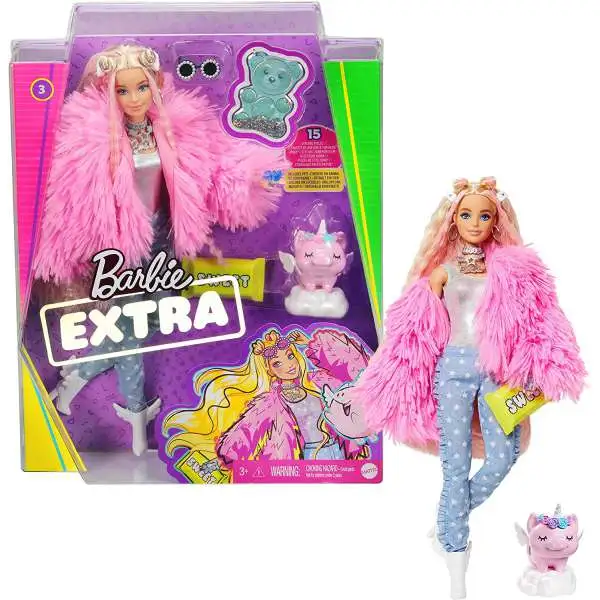 Barbie Fashionista Extra #3 in Pink Coat with Pet Unicorn-Pig Doll