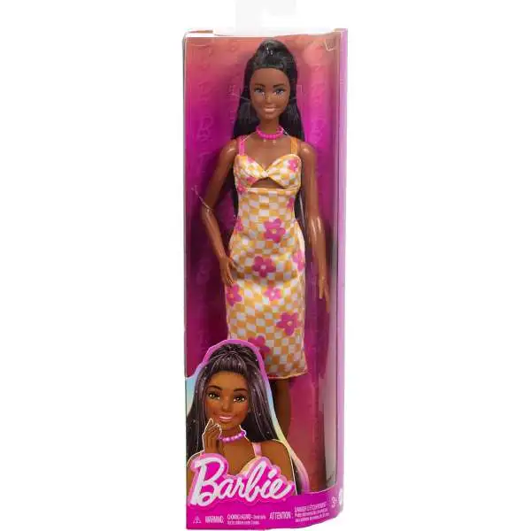 Fashionistas Barbie 13.25-Inch Doll [Black Hair & Checkered Orange and Pink Flower Midi Dress]