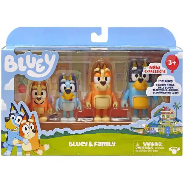 Bluey & Family Mini Figure 4-Pack [New Expressions! Excited Bingo, Silly Bluey, Sleepy Chilli (Mum) & Sleepy Bandit (Dad), Damaged Package]