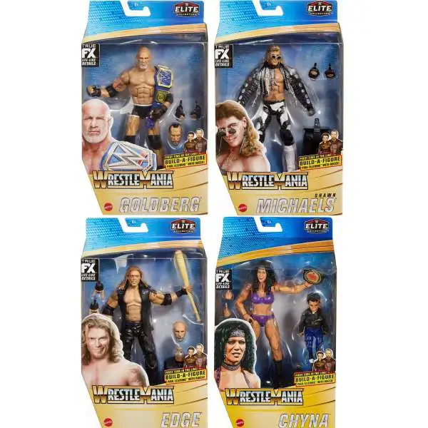 WWE Wrestling Elite Collection WrestleMania Goldberg, Shawn Michaels, Edge & Chyna Set of 4 Action Figures [Build Paul Ellering & Rocco!]