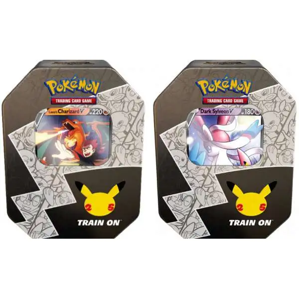 Pokemon Trading Card Game Celebrations Lance's Charizard V & Dark Sylveon V Exclusive Set of Both Mini Tins [4 Celebrations Booster Packs, 2 Additional Packs & Promo Card in Each Tin]