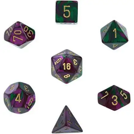 Chessex Gemini Purple & Green Dice with Gold Numbers Polyhedral 7-Die Dice Set
