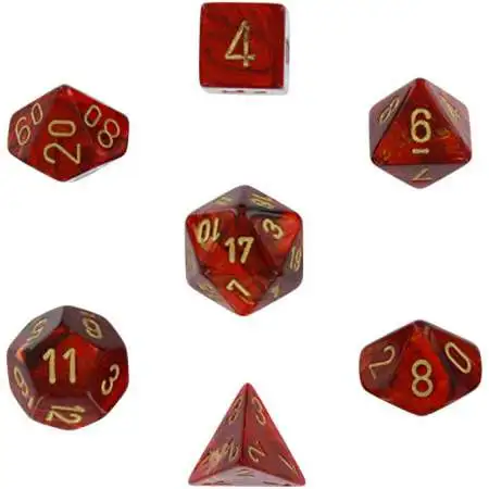 Chessex Scarab Scarlet with Gold Numbers Polyhedral 7-Die Dice Set