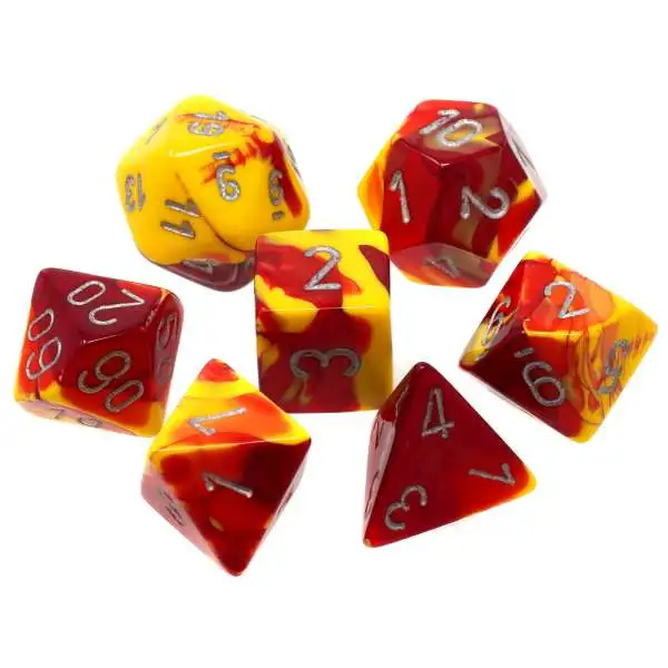 Chessex Gemini Red-Yellow with Silver Numbers Polyhedral 7-Die Dice Set