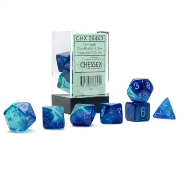 DICE Chessex Borealis TEAL BLUE 7-Dice Set Clear Light d20 d10 d6 D&D 27486 